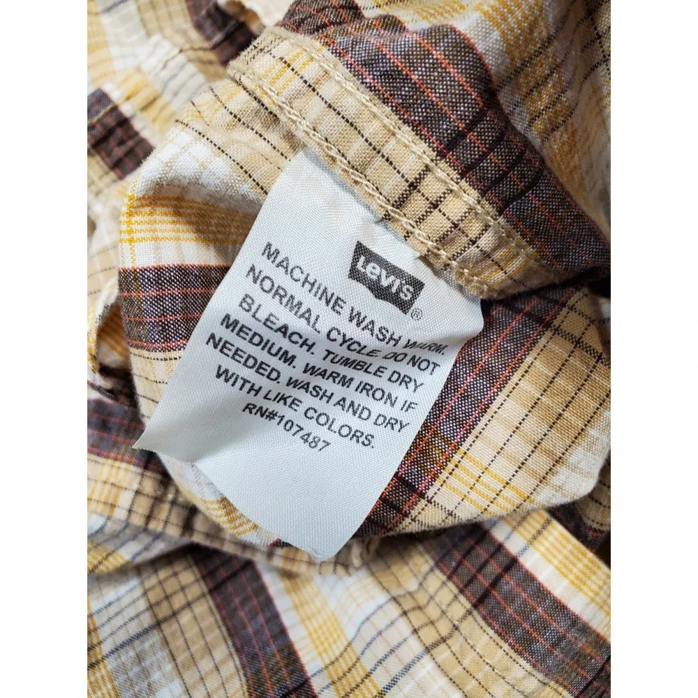 Vintage Levis Authentic Jeans Wear Western Pearl Snap Shirt Brown Plaid Mens XL